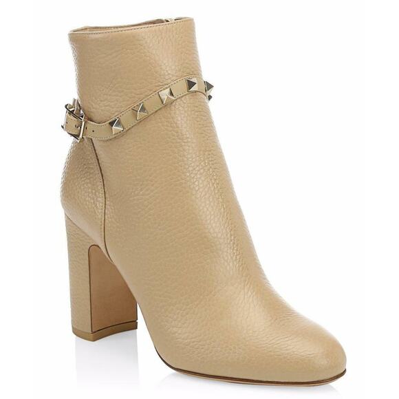 Valentino Rockstud 90 Beige Nude Leather Short Ankle Block Heel Boot Bootie 39.5 - Picture 2 of 11